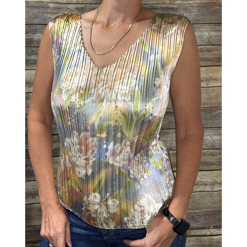 Jaipur Tank Top M Medium Floral Pleated V-Neck Sleeveless Multicolor Cottagecore